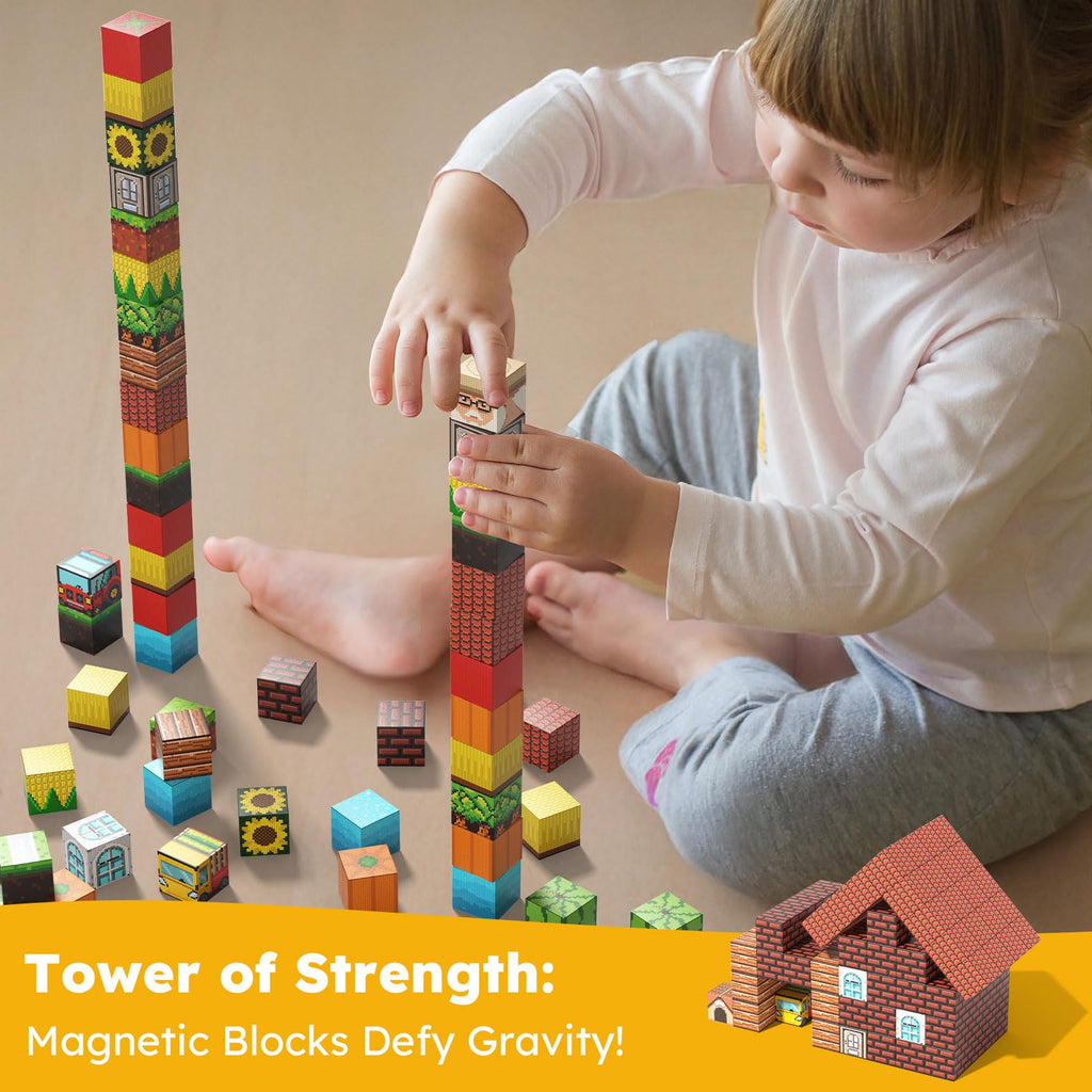 Dufvrpe Magnetic Blocks - 100PCS Idyllic Farm - 1" Creative Magnetic Building Cubes Set for Kids Ages 4-8