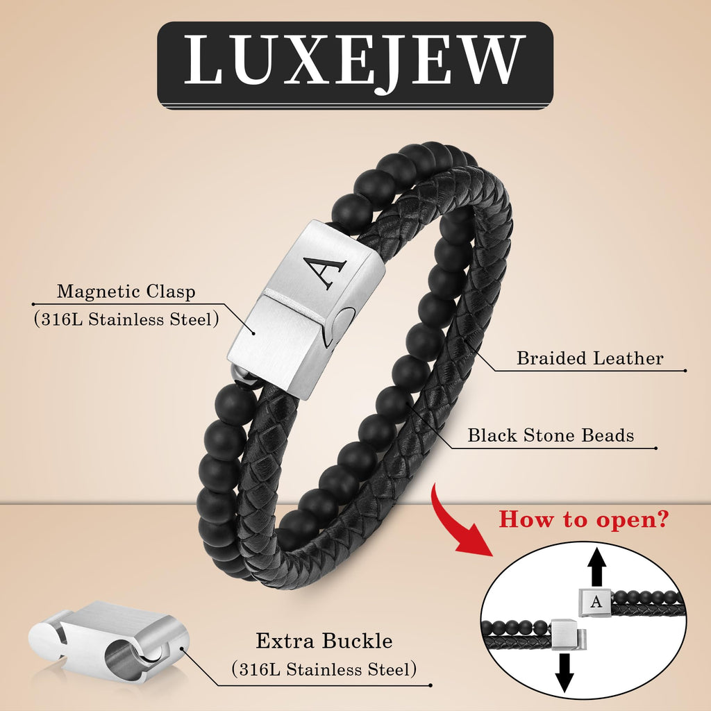 LUXEJEW Mens Bracelet - Leather Beaded Bracelets for Men Matte Agate Beads J Initial Bracelet for Mens Jewelry Fathers Day Ideas Gifts for Grandpa Dad Son Birthday Gifts for Men Husband Boyfriend