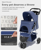 OS MOTOR Pet Stroller with 3 Wheels for Small/Medium Pets, Portable Travel Foldable Carrier Jogger for Dog Cat Puppy Kitty, Rear Wheel Breaks, Storage Basket, Visible Mesh Weather Cover (Navy Blue)