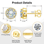Delzzad Moissanite Earrings for Men, Solid S925 Sterling Silver and 18K Golden Plated Halo Stud Earrings for Women Valentine's Day Mother's Day - D Color VVS1 Hypoallergenic Dainty Moissanite Jewelry for Sensitive Ear, 6.5mm(1ct*2)