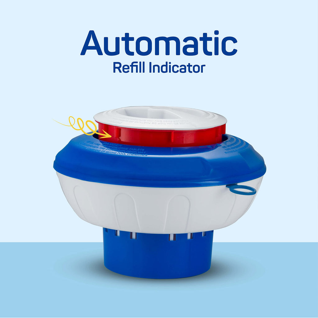 Floating Chlorine Dispenser for Pools with Pop-up Indicator, Fits 1-3-4” Tablets - Pool Chlorine Floater with Adjustable Flow Vents Balanced Chemical Dispenser [4 Tablet Cap] 9" Diameter