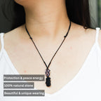 Handmade Raw Black Tourmaline & Amethyst Necklace – Macramé Crystal Pendant for Spiritual Balance, Grounding & Everyday Energy Gift for Men, Women