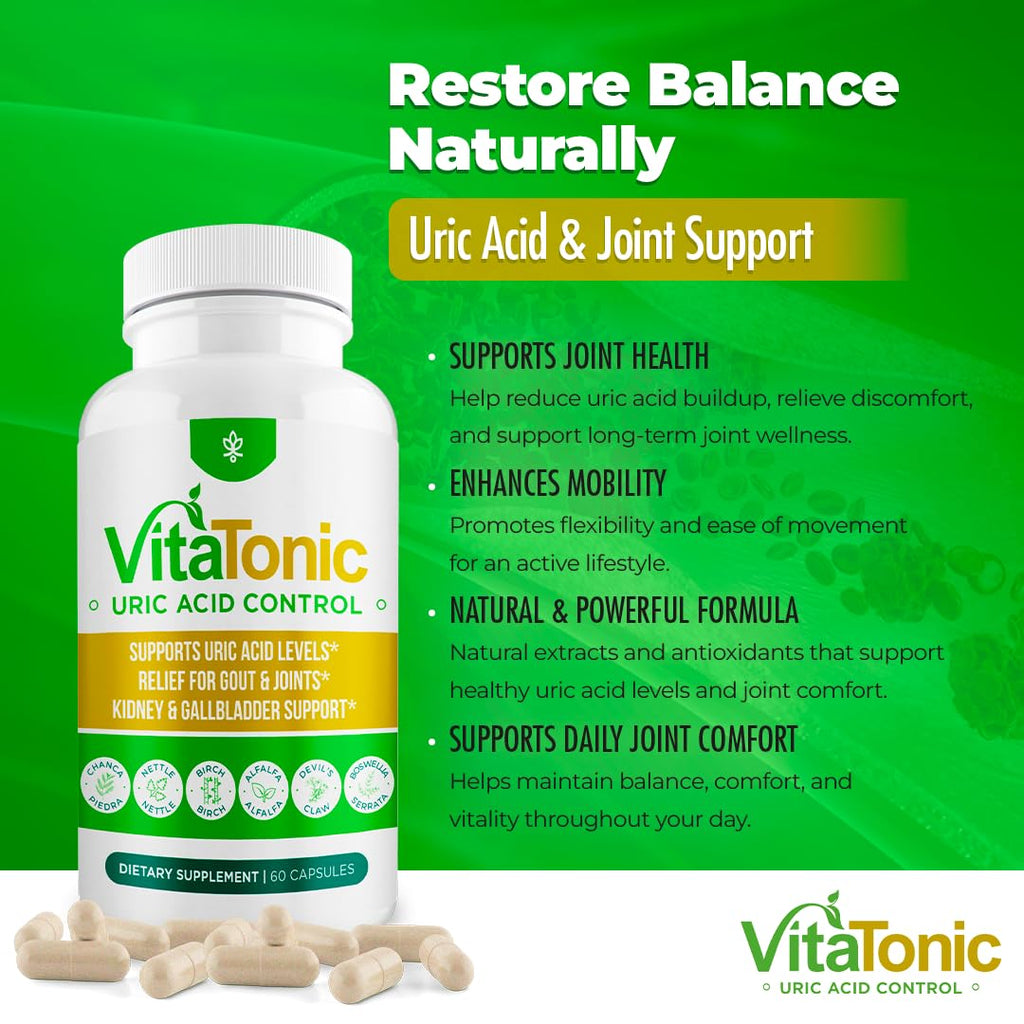 AURA VITAMINS – Vitatonic Uric Acid Balancing Aid for Both Genders - Herbal Joint Care Detox Solution – Enhance Mobility - GMO-Free, Gluten-Free - 60 Capsules. (1)