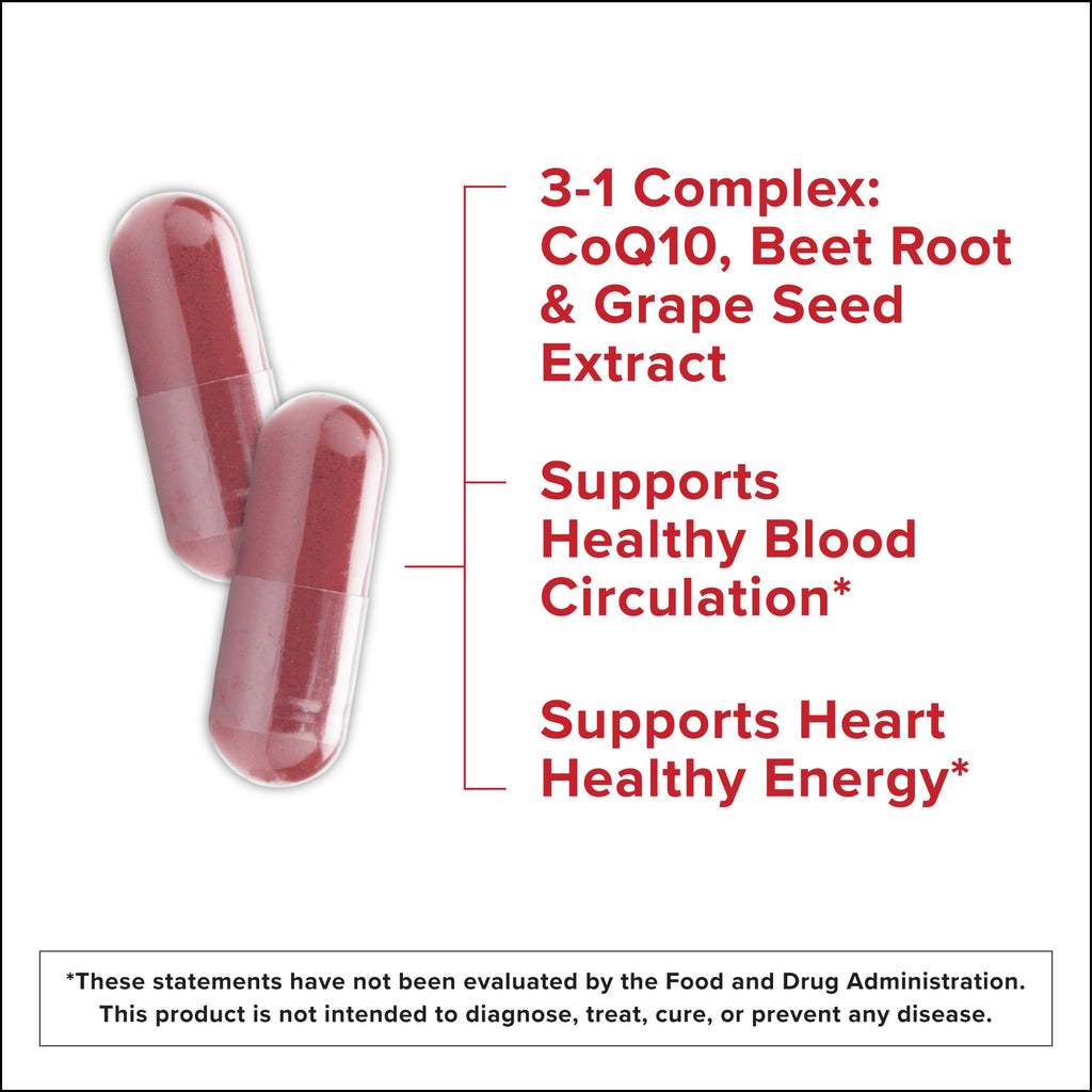 Qunol Blood Pressure Support, 3 in 1 Beets + CoQ10 + Grape Seed Extract, Beet Root Capsules That Supports Healthy Blood Circulation & Heart Healthy Energy, 60 Count (Pack of 2)