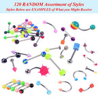 BodyJ4You 120PC Body Piercing Random Jewelry Kit - CBR BCR Rings Barbells Studs Screws Curved Bars - Belly Button Cartilage Tragus Nose Septum Tongue - 14G 16G 18G Steel Bulk Mix