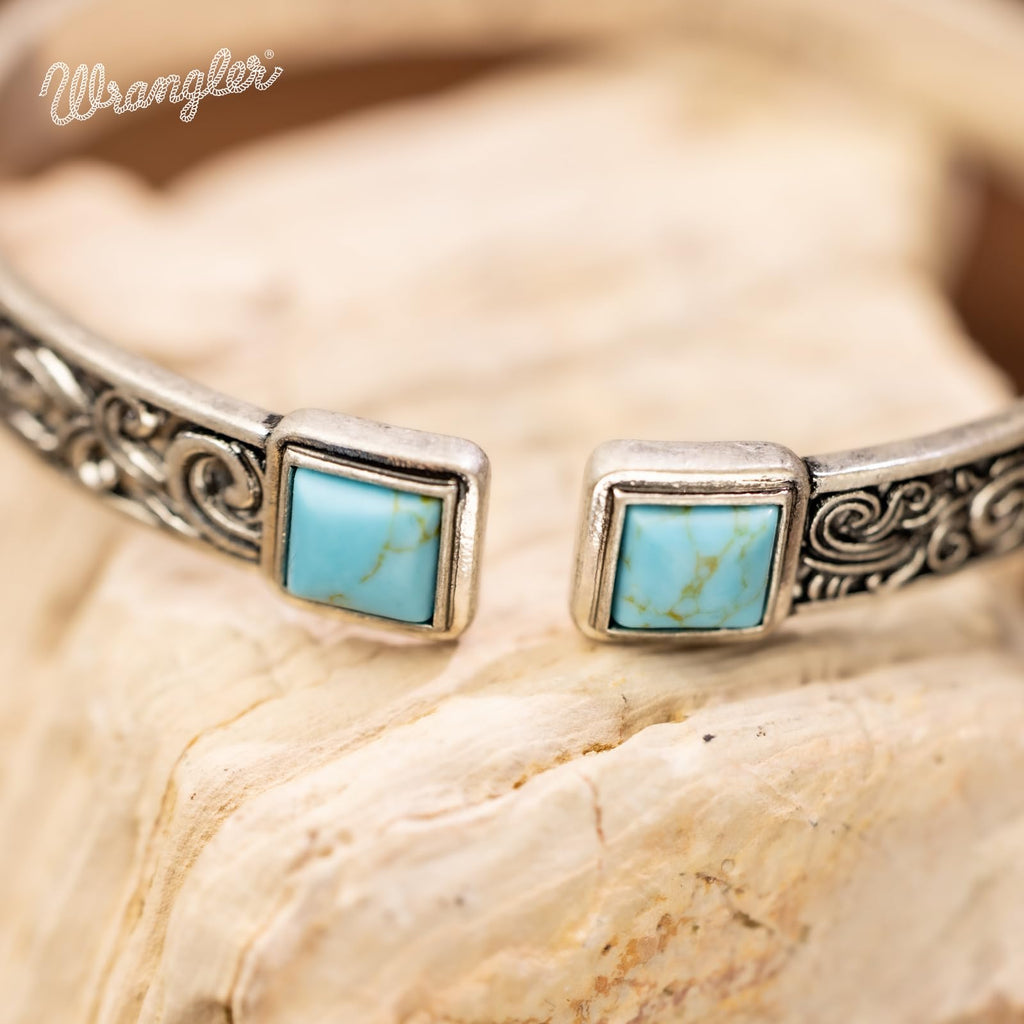 Wrangler Turquoise Cuff Bracelet, Carved Floral Western Jewelry for Women