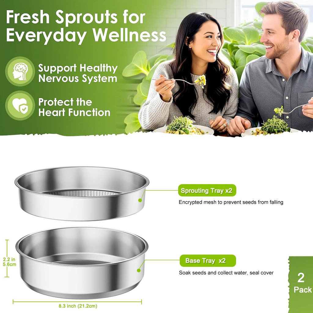 FANHAO 2 Pack Stainless Steel Seed Sprouter Trays, Food-Grade Microgreens Growing Tray, Soil-Free Cultivation Germination Tray for Indoor or Outdoor Sprouting Seeds, Grow Grass, Beans (Without Lids)