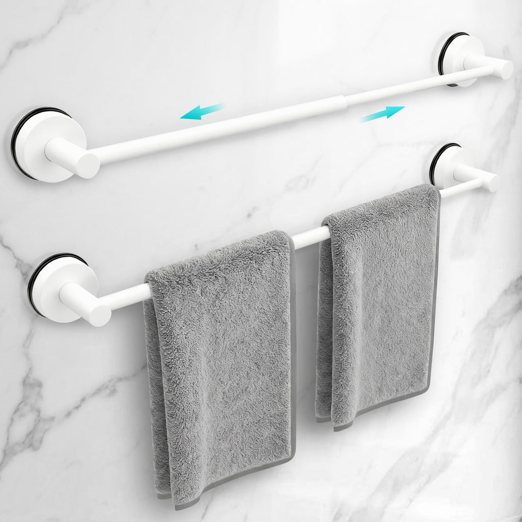 Adjustable Suction Cup Towel Bar for Bathroom Wall,14.6Inch~24 Inch Towel Racks for Bathroom,Stainless Steel Bath Towel Holder for Shower,2 Pack(Matte White)