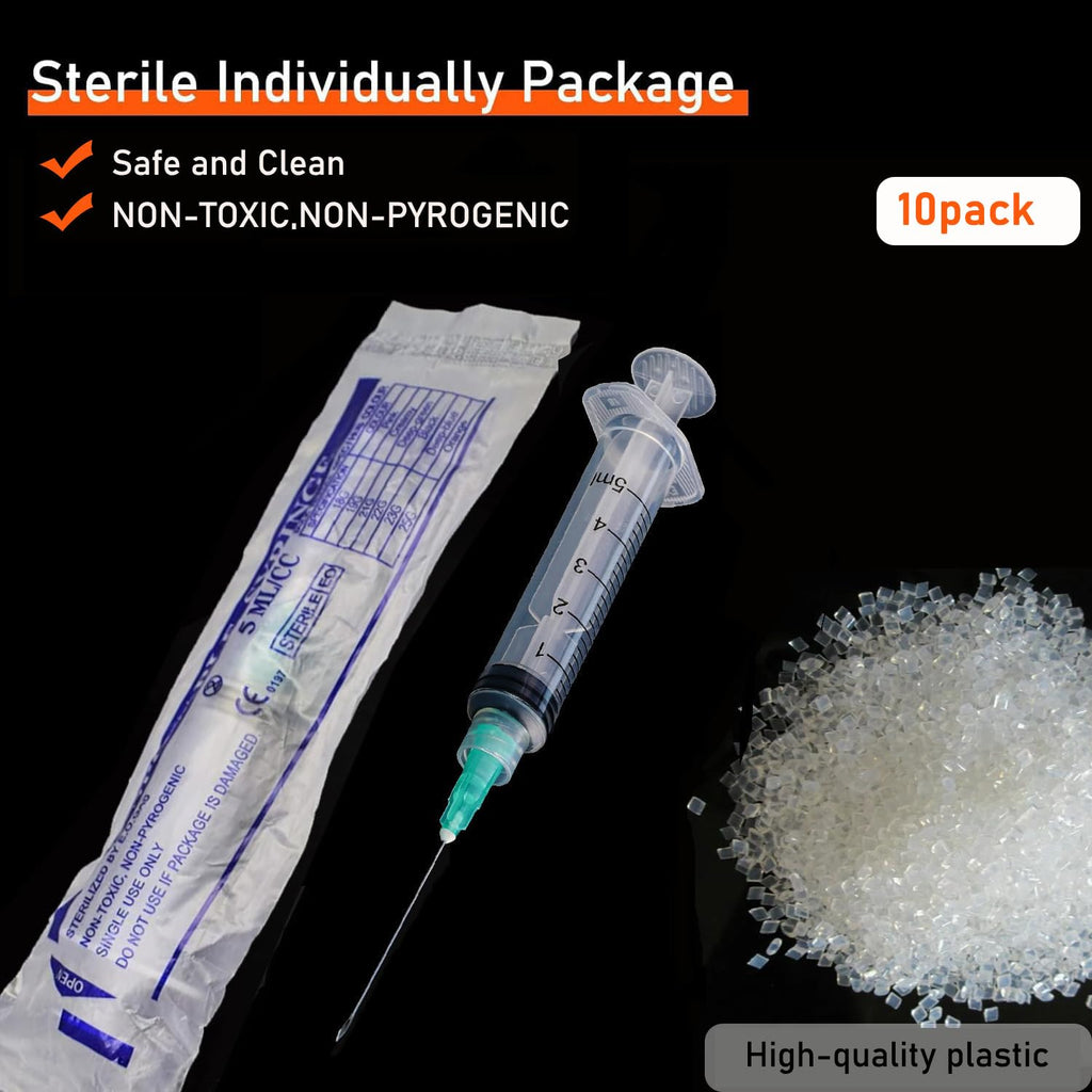 10 Pack 5ml/cc Disposable Luer Lock Lab Syringes with 21Ga 1.5 Inch Needle
