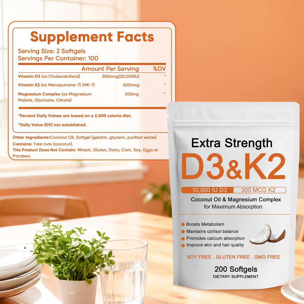 WDVNEX Vitamin D3 K2 Magnesium Complex, Extra Strength D3 & K2 with Triple Magnesium Softgels, D3 + K2 (Mk-7) | Support Bone & Immune | Improve Energy | Non-GMO, 200 Softgels (1) (1)