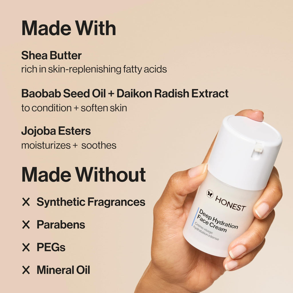 Honest Beauty Deep Hydration Face Cream for Dry Skin, Hydrates and Supports Natural Moisture Barrier, Hypoallergenic, Gentle Sensitive, 1.7 fl oz