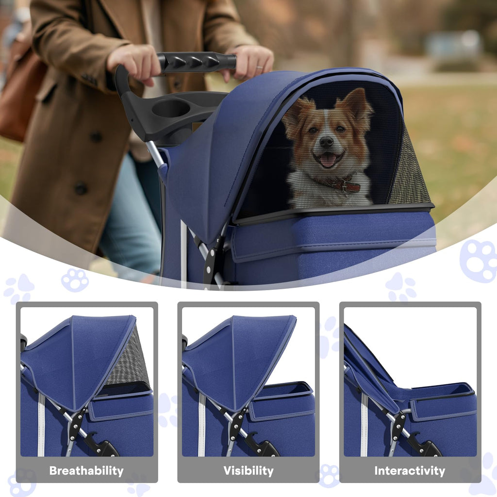 Pet Stroller for Small Dogs 10 lbs, Dog Stroller for Medium Dogs 30 lbs, Cat Strollers for 2 Cats, 3 Wheels Foldable Jogger Puppy Stroller with Storage Basket and Cup Holder, Navy Blue