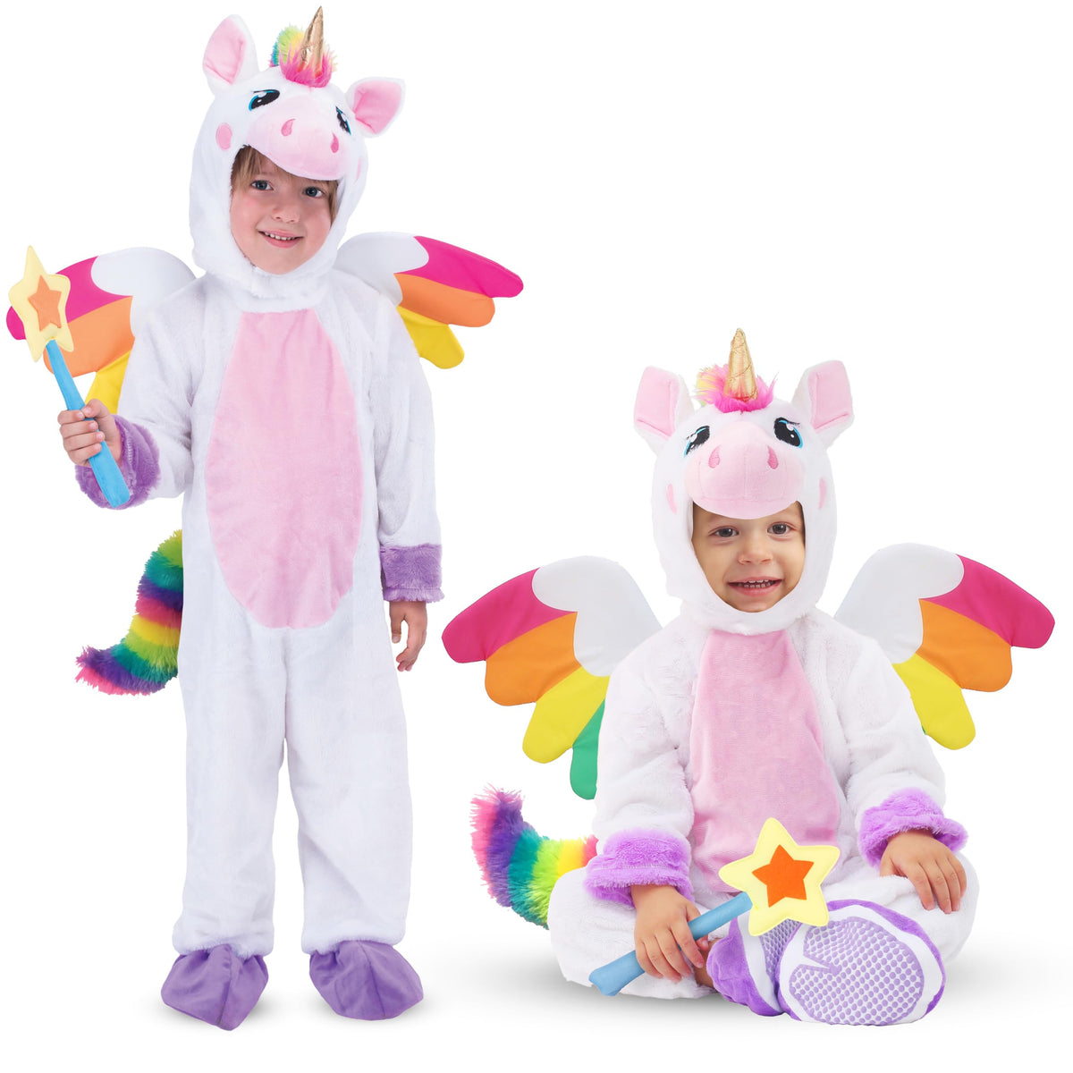 Spooktacular Creations Halloween Unicorn Costume, Jumpsuit with Wings and Star Wand for Kids Halloween Dress Up Party (Small (5-7 yrs))