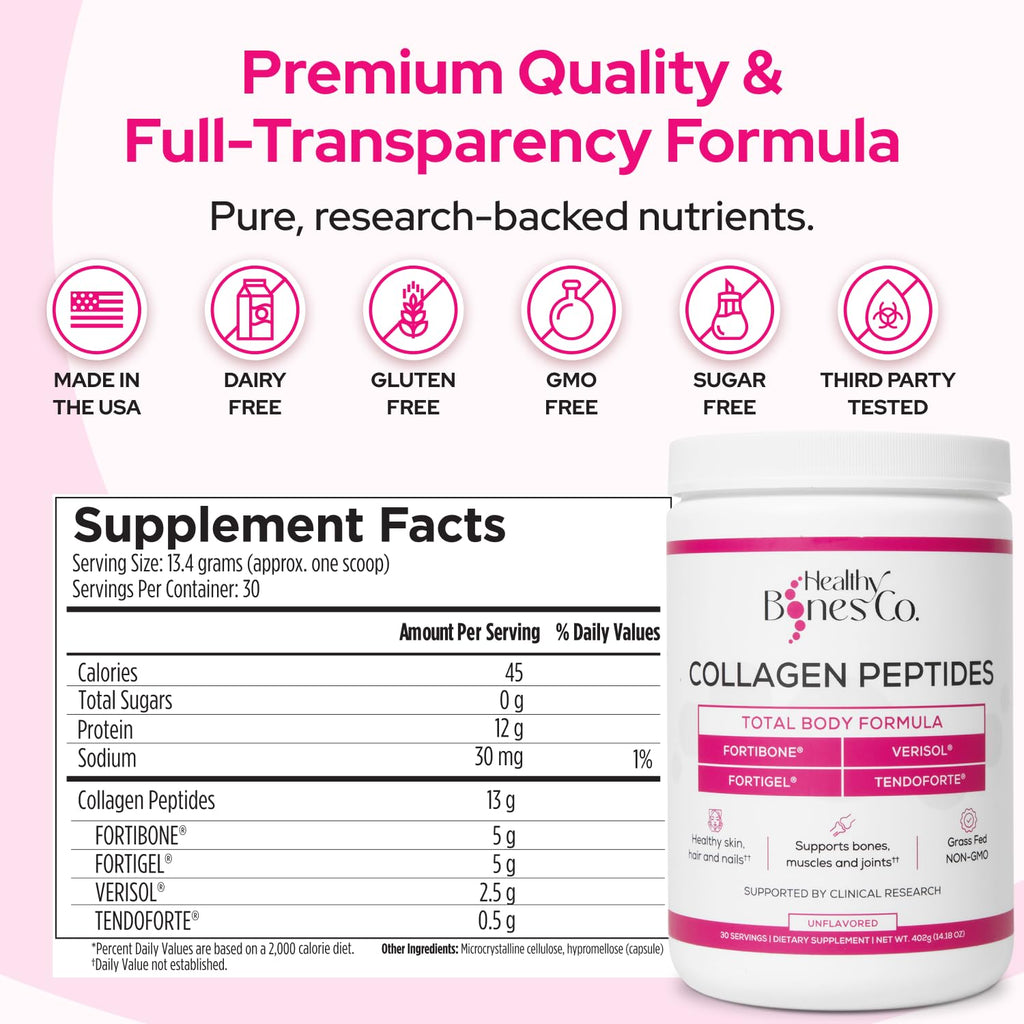 FORTIBONE® Premium Bone Health Collagen Peptides w/FORTIGEL®, VERISOL® & TENDOFORTE®, Clinically-Supported for Bones, Joints Skin Hair Nails, Hydrolyzed Collagen, Anti-Aging Formula (30 Servings)
