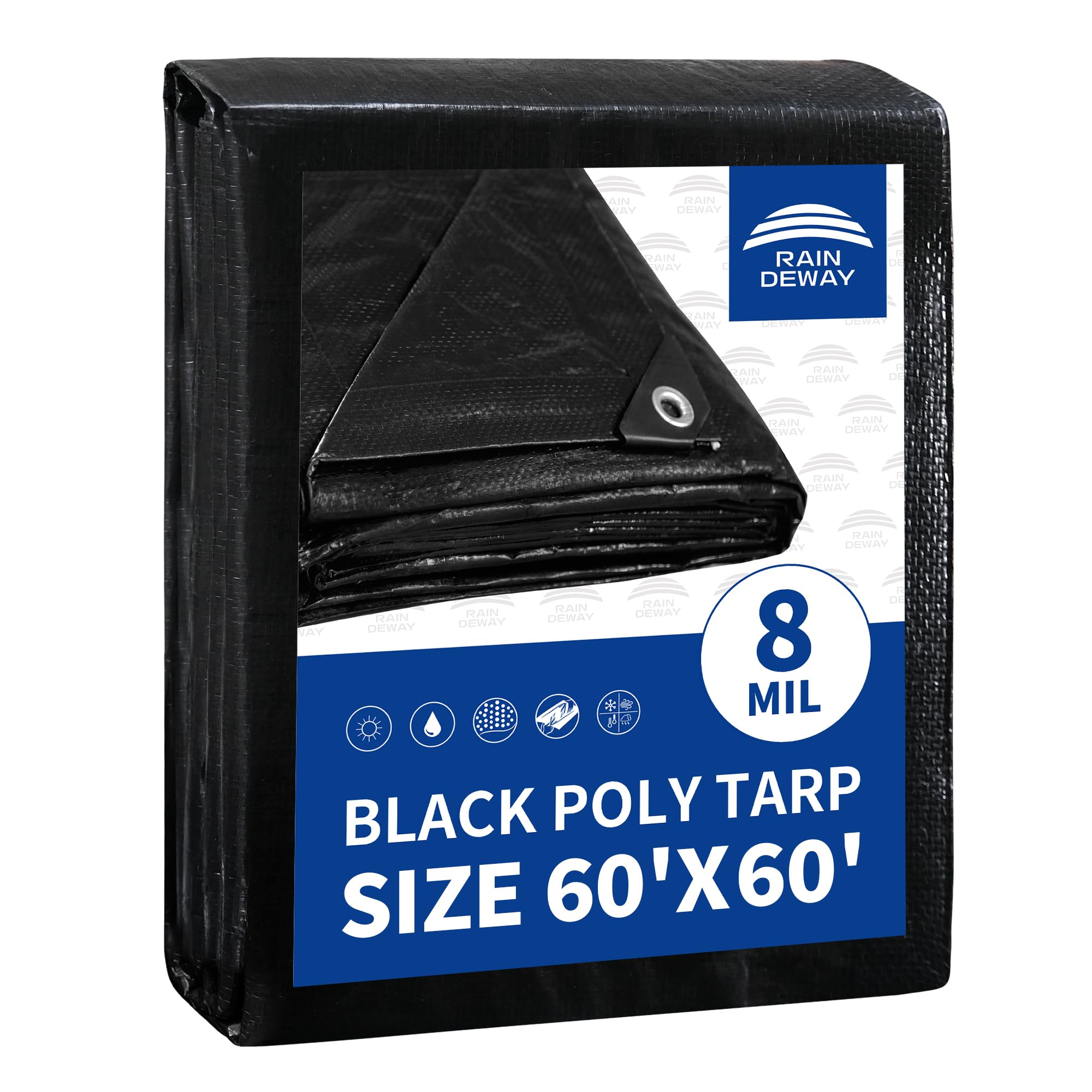 RAINDEWAY Extra Large Tarp 60x60, 8 Mil Thick, Black Tarps Heavy Duty Waterproof, UV Resistant, Cover with Metal Grommets and Reinforced Edges, Finished Size