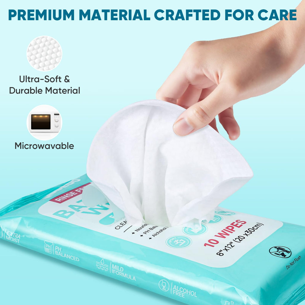 100 XL Bathing Wipes No Rinse for Adults, Shower Wipe - Extra Thick & Large Body Cleansing Wipe for Elderly, Men & Women, Soft & Gentle Disposable Bath Wipes for Travel, Camping