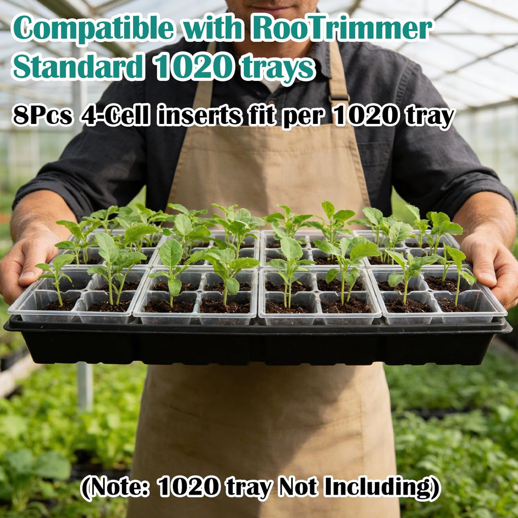 RooTrimmer 40 Pack Reusable 4-Cell Seed Starter Trays with Large Drainage Holes - Clear Transparent Trays for Root Growth Monitoring, Avoids Overwatering, Easy Transplant, Fits Standard 1020 Trays