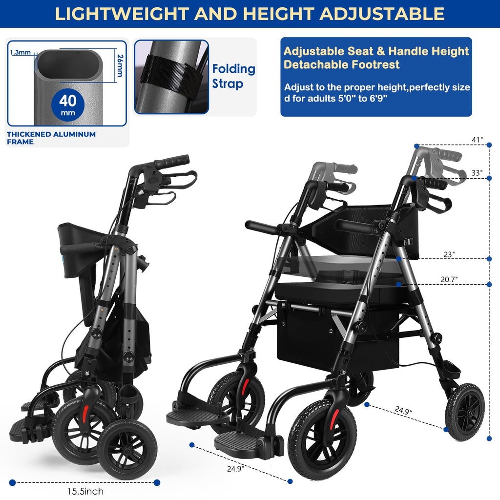 Foldable Rollator Walker for Seniors with Seat, Lightweight 2 in 1 Rolling Walkers Wheelchair Combo for Adult, Transport Chair with Brakes, Adjustable Seat and Handle, 300 Lb, Steel Grey
