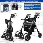 Foldable Rollator Walker for Seniors with Seat, Lightweight 2 in 1 Rolling Walkers Wheelchair Combo for Adult, Transport Chair with Brakes, Adjustable Seat and Handle, 300 Lb, Steel Grey