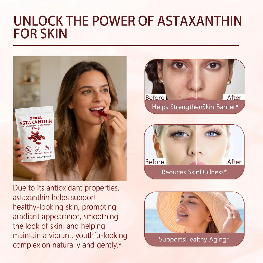 ZERIA Astaxanthin 12mg, Natural Microalgae Antioxidant for Eye, Skin & Immune Support - 150 Softgels