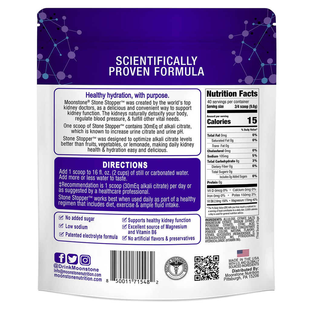 Moonstone Stone Stopper Drink Mix, Cranberry Raspberry, Kidney Stone Prevention, Calcium Oxalate Protector, Developed by Urologists to Improve Hydration and Support Kidney Health, 30 Day Supply