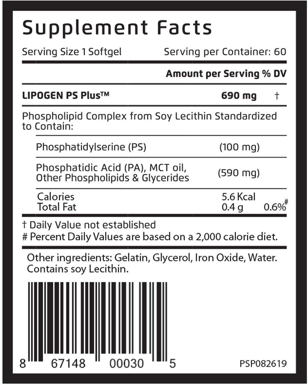 Lipogen PS Plus Brain Supplements for Memory and Focus - Premium Phosphatidylserine Brain Booster for Brain Health - Nootropic - 60 Softgels for One Month Supply