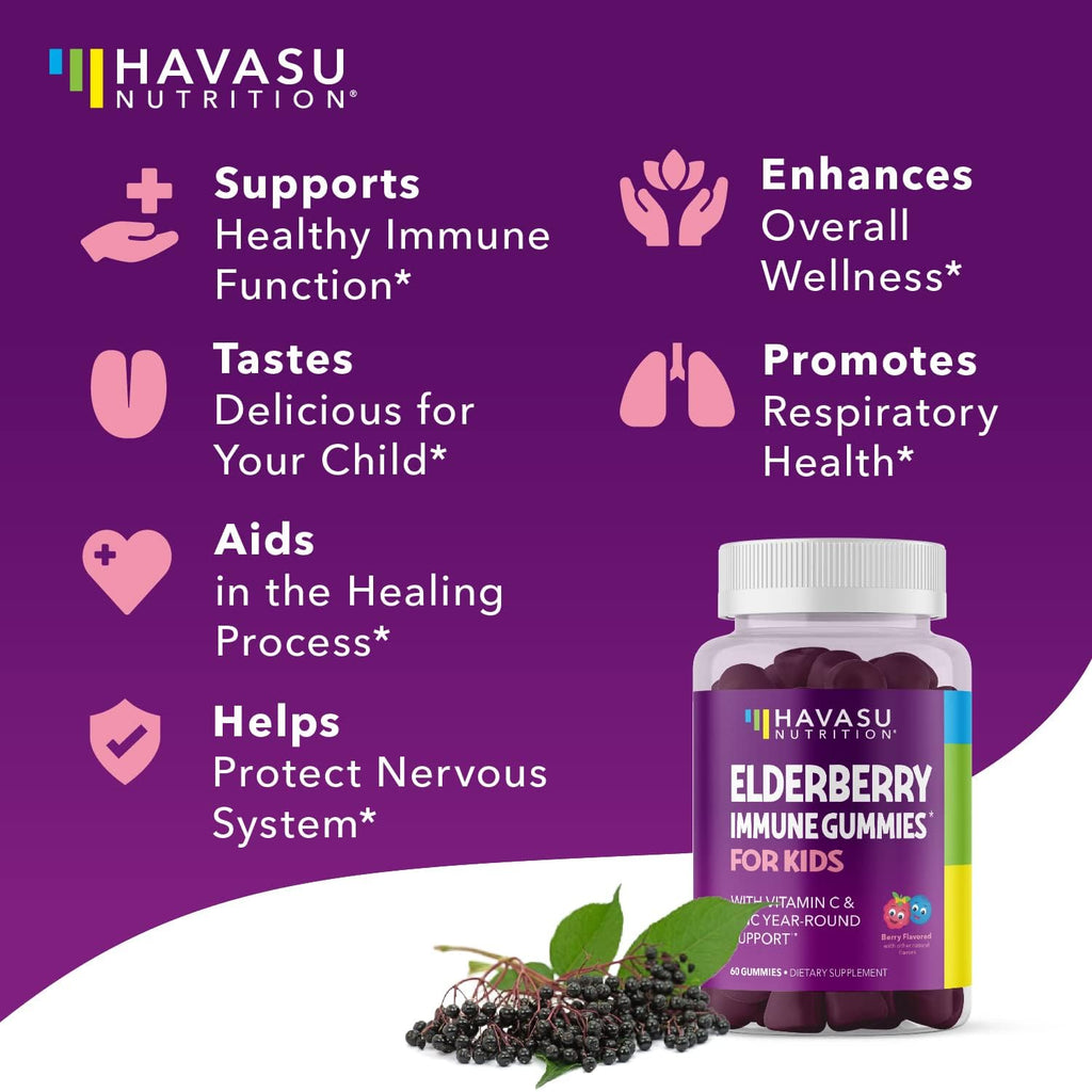 Elderberry Gummies for Kids with Zinc and Vitamin C - Immune Support Supplement for Children - 60 Count, Vegan, Berry Flavor - Convenient Daily Defense with Antioxidants and Essential Nutrients