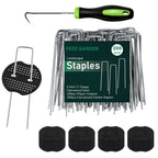 FEED GARDEN Landscape Staples 6 Inch 200 Pack Kit, Heavy Duty 11 Gauge Hot-Dip Galvanized Garden Stakes with 200 Gaskets & 1 Pick Hook for Weed Barrier, Landscape Fabric, Sod, Turf & Garden Edging