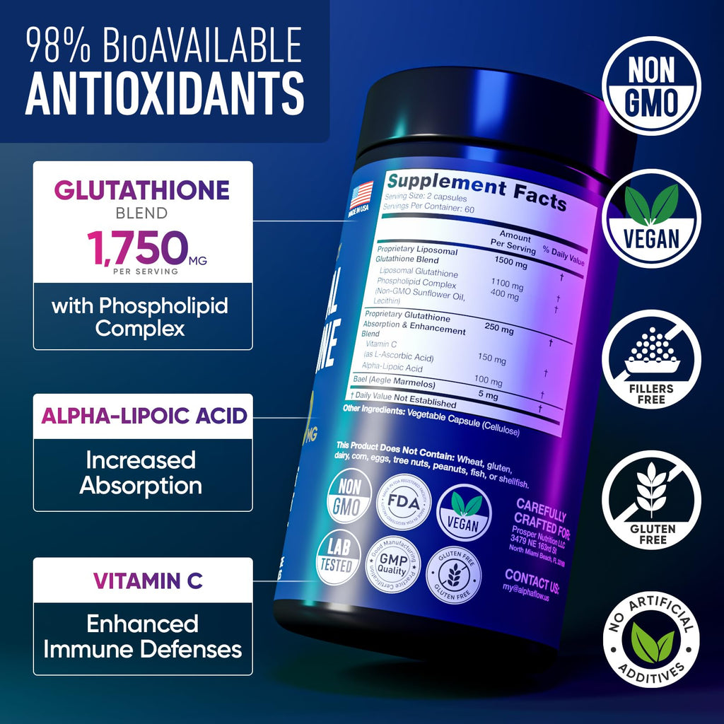 Liposomal Glutathione Supplement 1000MG + 750MG- Glutathione Liposomal with VIT C + Phospholipid Antioxidant Complex - Liver Detox and Immune Support Supplement - 120 Caps - Powder&Liquid Alternative