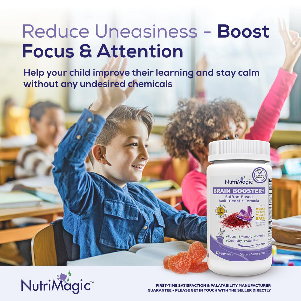 NutriMagic Kids Brain Booster+ 30mg Pure Saffron Extract Gummies & Multivitamin D3, B6, B12, Zinc, Supports Kids Brain Health, Focus, Memory, Attention, Mood Balance, Non-GMO Supplement, 30x Servings