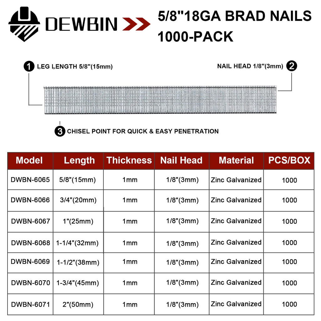DEWBIN 18 Gauge Brad Nails, 1000 Counts 5/8-inch 18 GA Brad Nails, Galvanized Nails for Nail Gun, Finishing Nail Gun Nails for Pneumatic, Electric Brad Nailer Gun