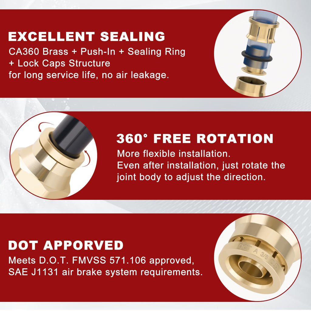 Boeray 3/8” Quick Push to Connect Fittings Brass Male Straight and Elbow Combination DOT Approved 3/8" Tube OD x 1/4" NPT Thread Air Brake Line Adapter Air Suspension Kit Air Hose Repair Kit 30pcs