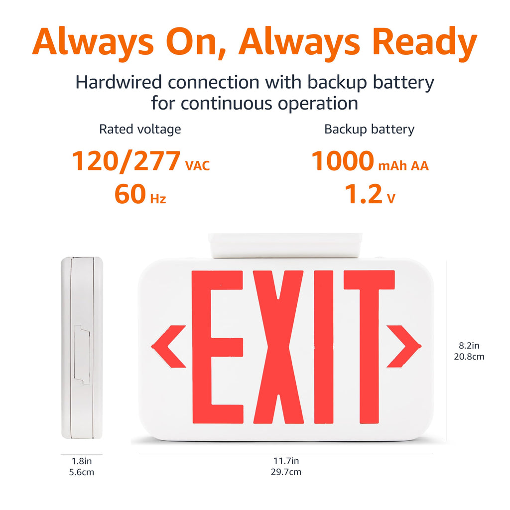 Amazon Basics LED Emergency Exit Sign, Double Face, Fire Resistant, UL Certified, Hardwired with Battery Backup, White, 2-Pack