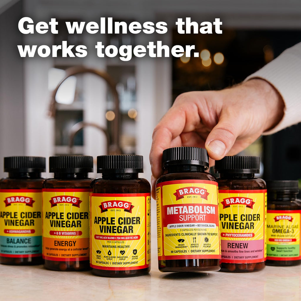 Bragg Energy Apple Cider Vinegar Capsules with B-12 Vitamins - 90 Capsules - Weight Management - Non-GMO, Vegan, Gluten Free, No Sugar - Helps Generate Energy at Cellular Level for Men and Women