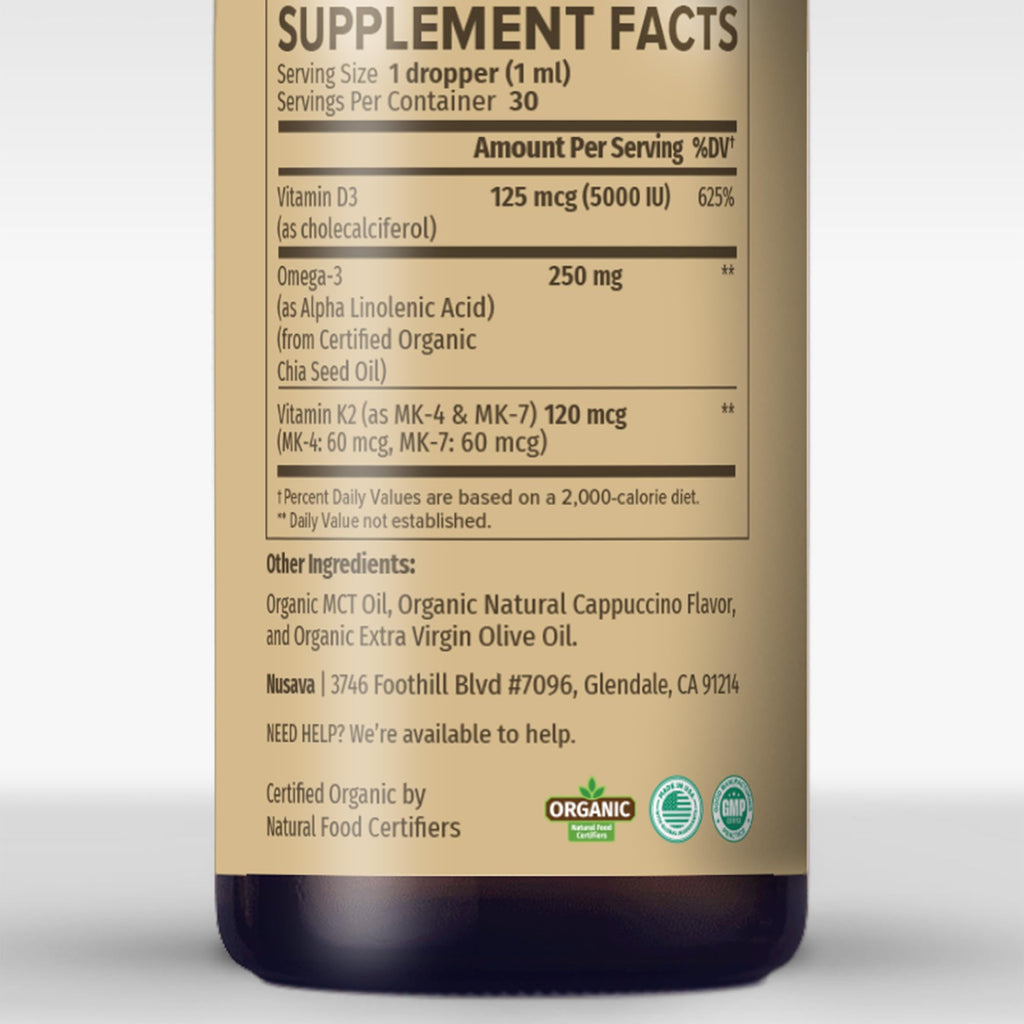 (2 Pack) Organic Vitamin D3 K2 Drops with MCT Oil Omega 3, 5000 IU, Maximum Strength Vitamin D Liquid, No Fillers, Non-GMO Liquid D3 for Faster Absorption, Immune Support (Cappuccino Flavor, 2 Fl Oz)