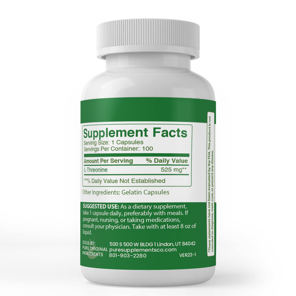 PURE ORIGINAL INGREDIENTS L-Threonine Capsules, (100 Capsules) Always Pure, No Additives Or Fillers, Lab Verified