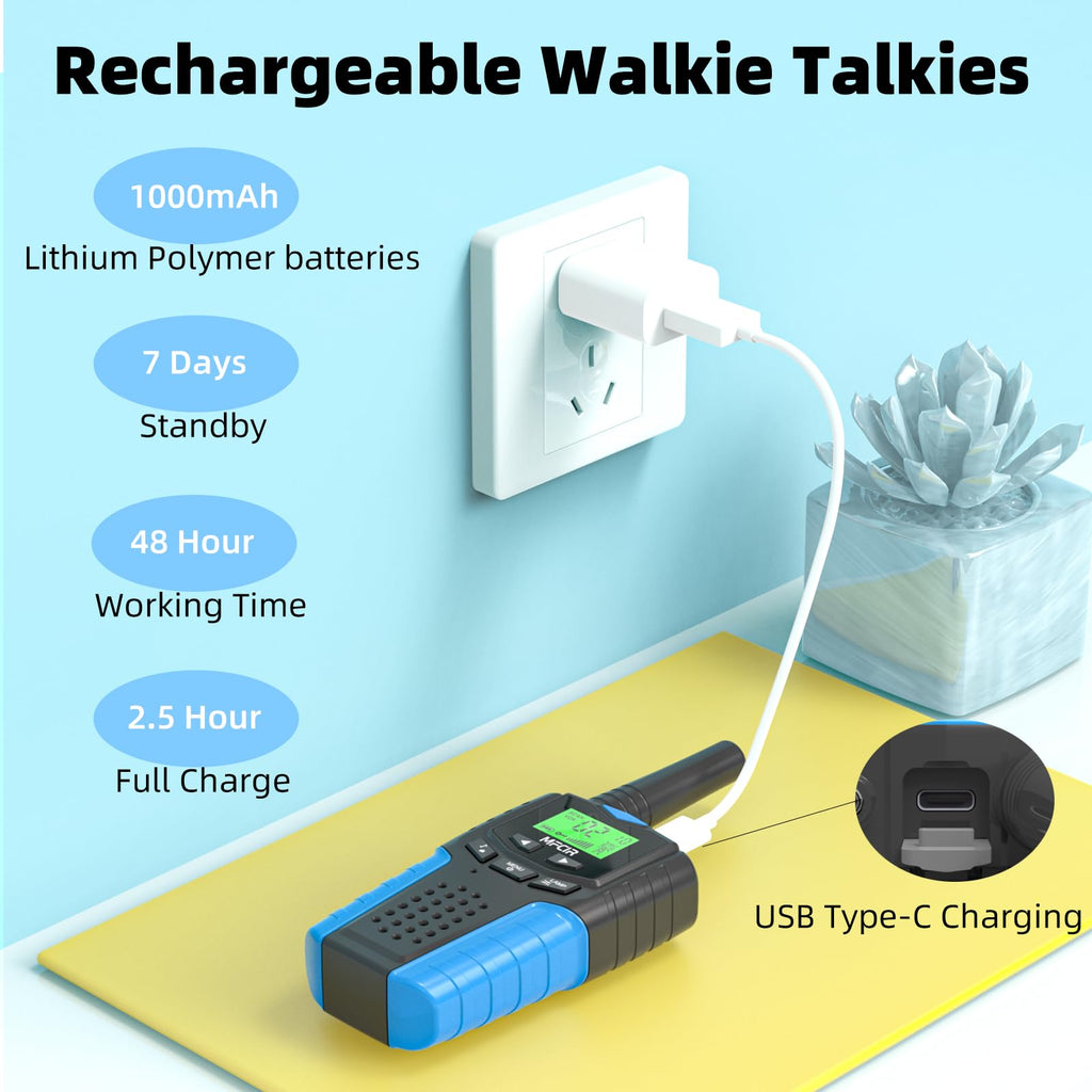 Kids Walkie Talkies Long Range Rechargeable 2 Pack - Mini Two Way Radios