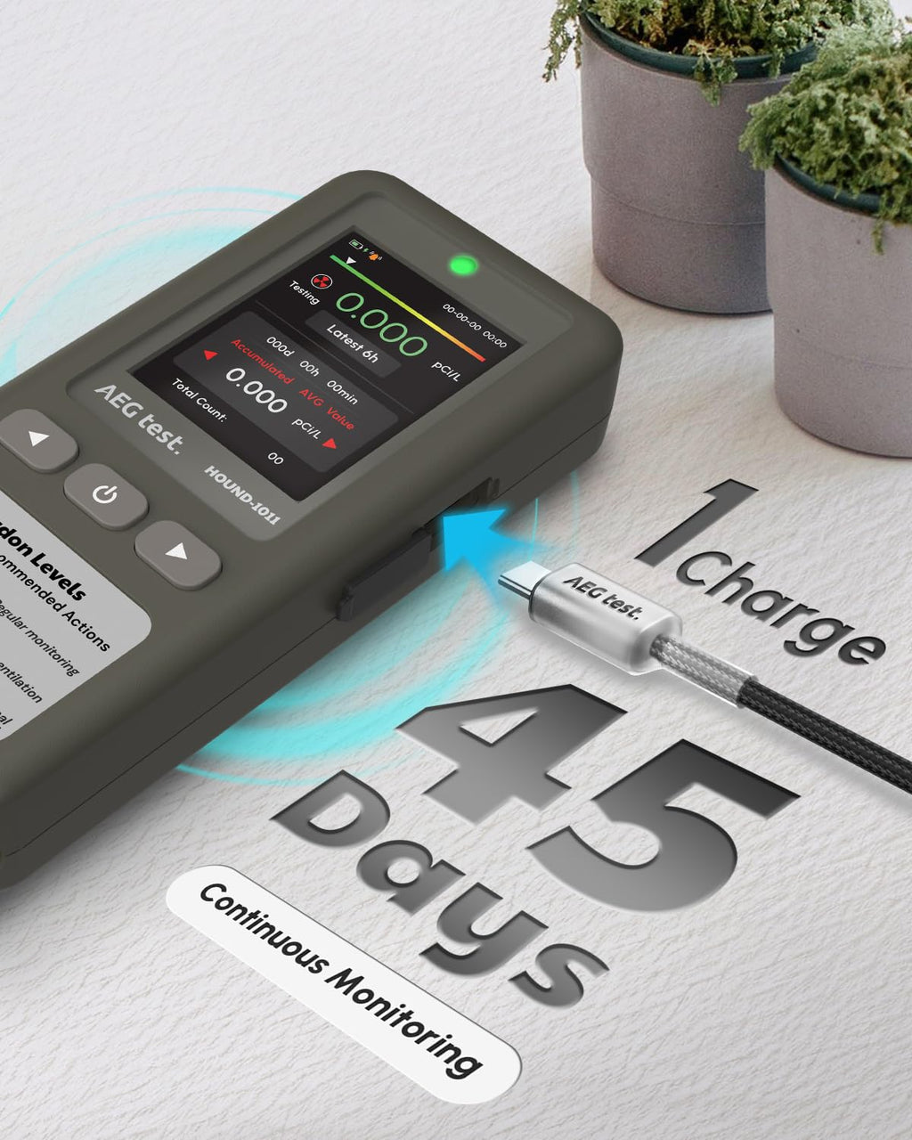 AEGTEST HOUND-1011 Portable Radon Detector for Home, Lightweight, High-Accuracy Sensor, 45-Day Monitoring, Easy-to-Use Radon Tester, Short- & Long-Term in pCi/L or Bq/m³ for Basement – Gray