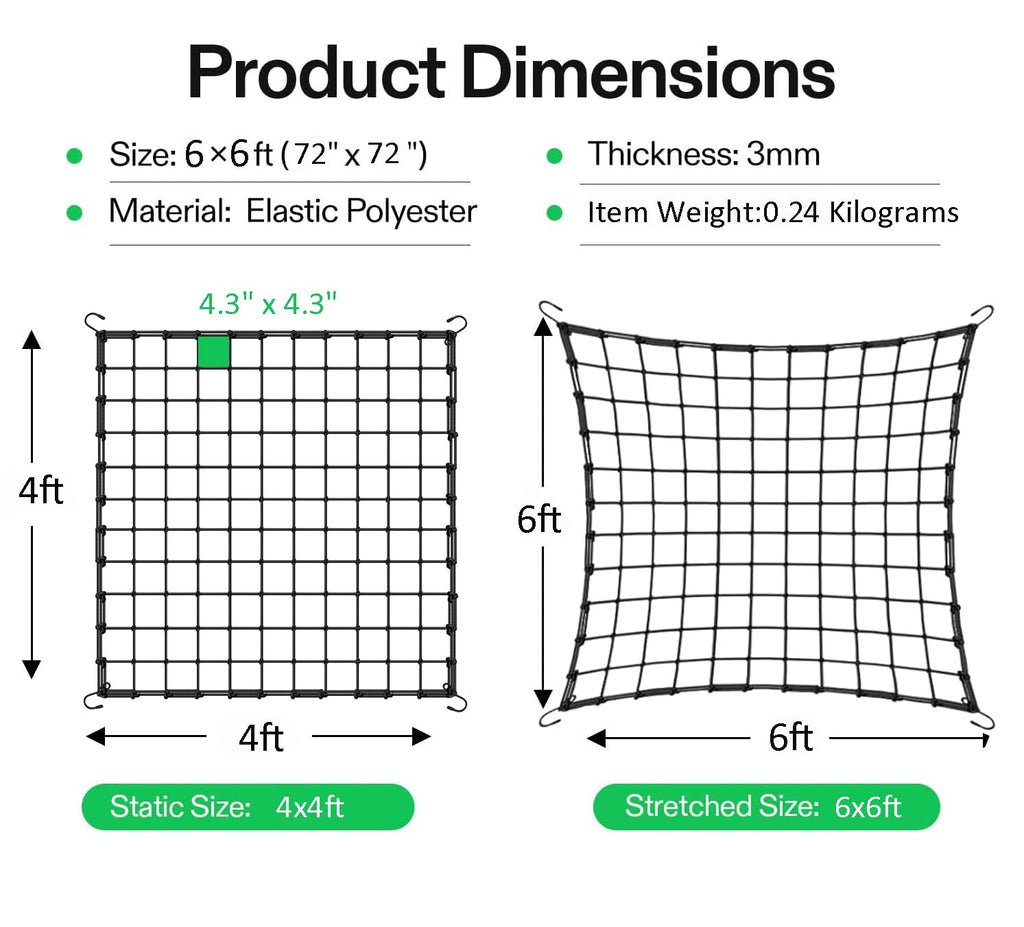 6x6 Ft Elastic Plant Trellis Net - 2-Pack Heavy Duty Garden Support Net with 4 Hooks for Grow Tents, Climbing Vegetables, Fruits & Flowers (Black)