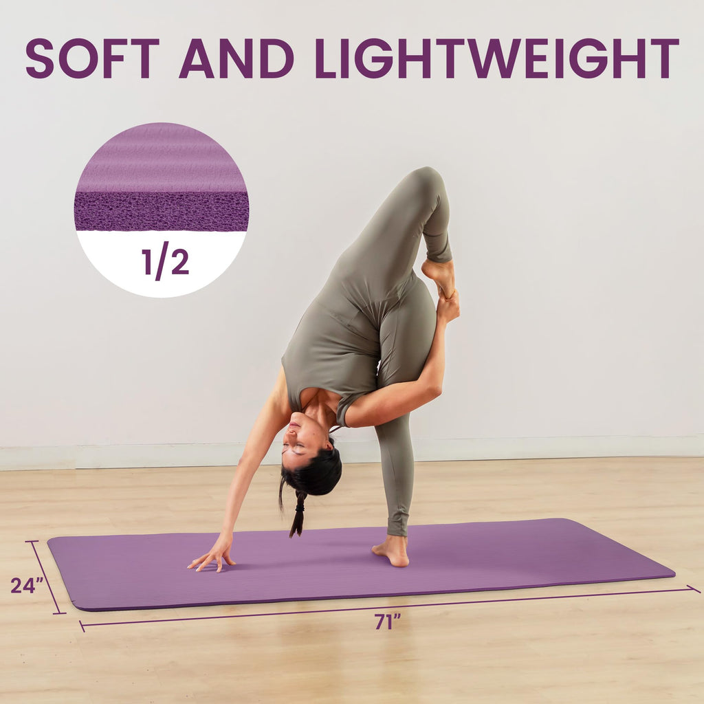 Fitvids 1/2-Inch Thick High Density Foam Exercise Yoga Mat with Carrying Strap, For Cushioning The Body Against Hard Floors, Taro Purple