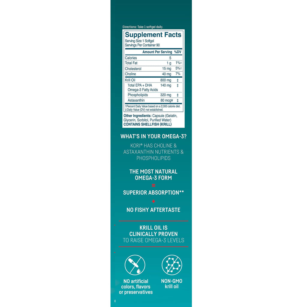 Kori Krill Antarctic Krill Oil Omega 3 Supplement, EPA & DHA, Superior Absorption vs Fish-Oil, 800 mg, 90 softgels