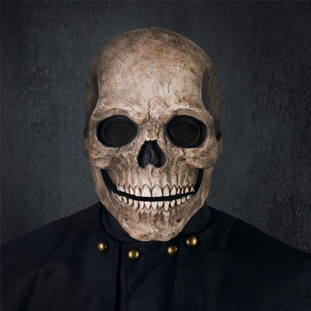 RRANYF Creepy Halloween Full Head Skull Mask with Movable Jaw, Adult Entire Head Realistic Latex Helmet, Scary Skeleton Headgear (Yellow Human Skull Costume Mask)