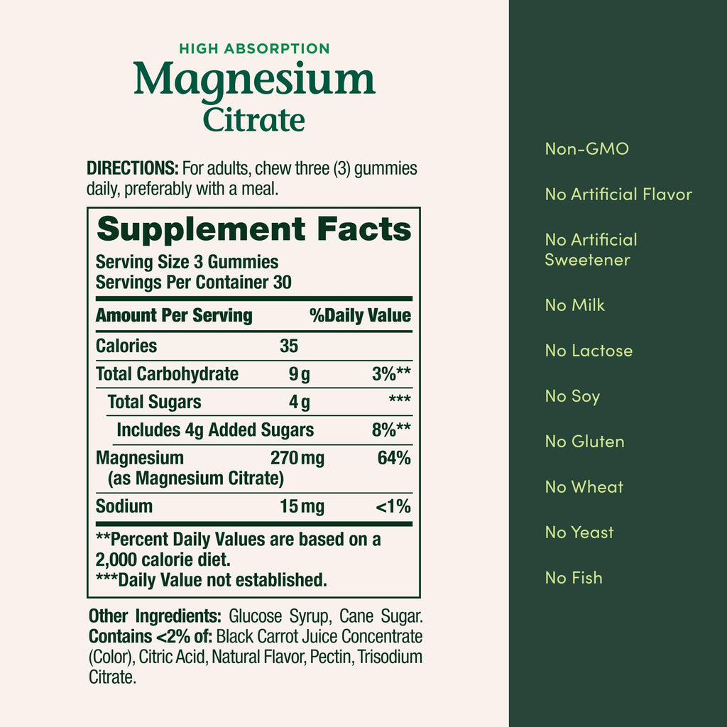 Nature's Bounty Magnesium Citrate Gummies for Adults,Supports General Health,Bone,Nerve,Muscle & Heart Health Support,270mg per Serving,Vegan,Non-GMO - Raspberry,90 Count (Pack of 2)