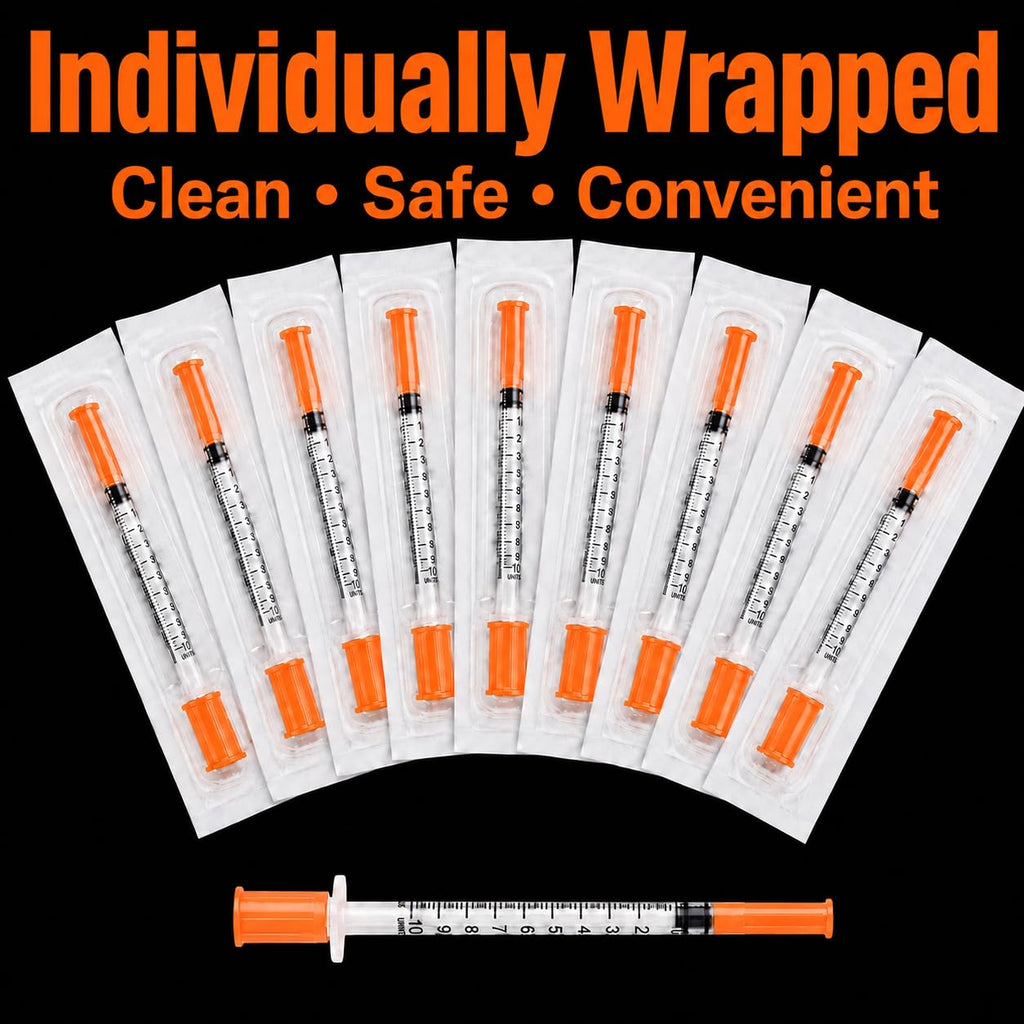 100PACK U-100 Syringes 30G 5/16" (8mm) 1ml/cc, Disposable Syringe, Lab Supplies, Individual Wrapped, Pack of 100