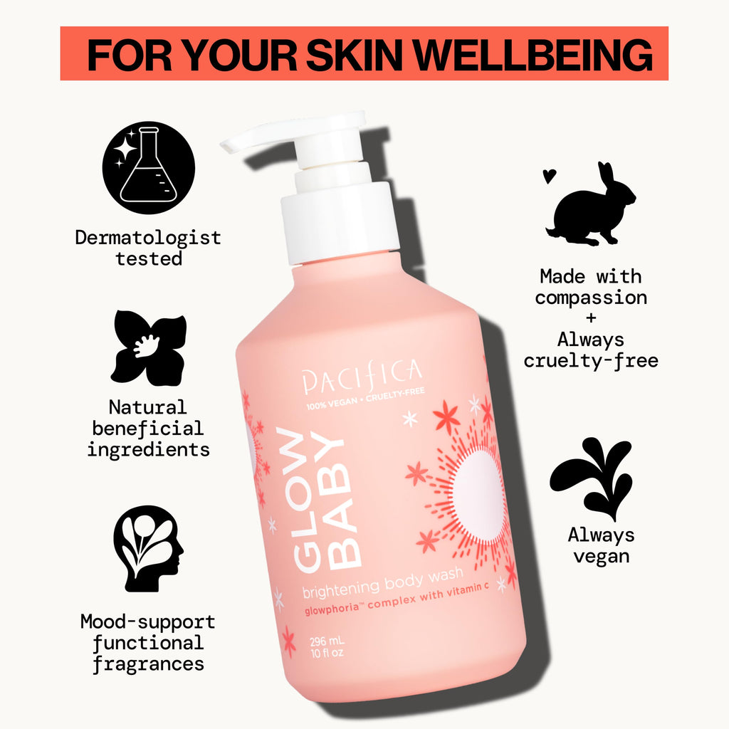 Pacifica Glow Baby Brightening Body Wash – Vitamin C & AHA Exfoliating Body Wash for Glowing Skin, Moisturizing Daily Shower Gel for Dull Dry Skin, Niacinamide & Kakadu Plum, Vegan, 10 oz