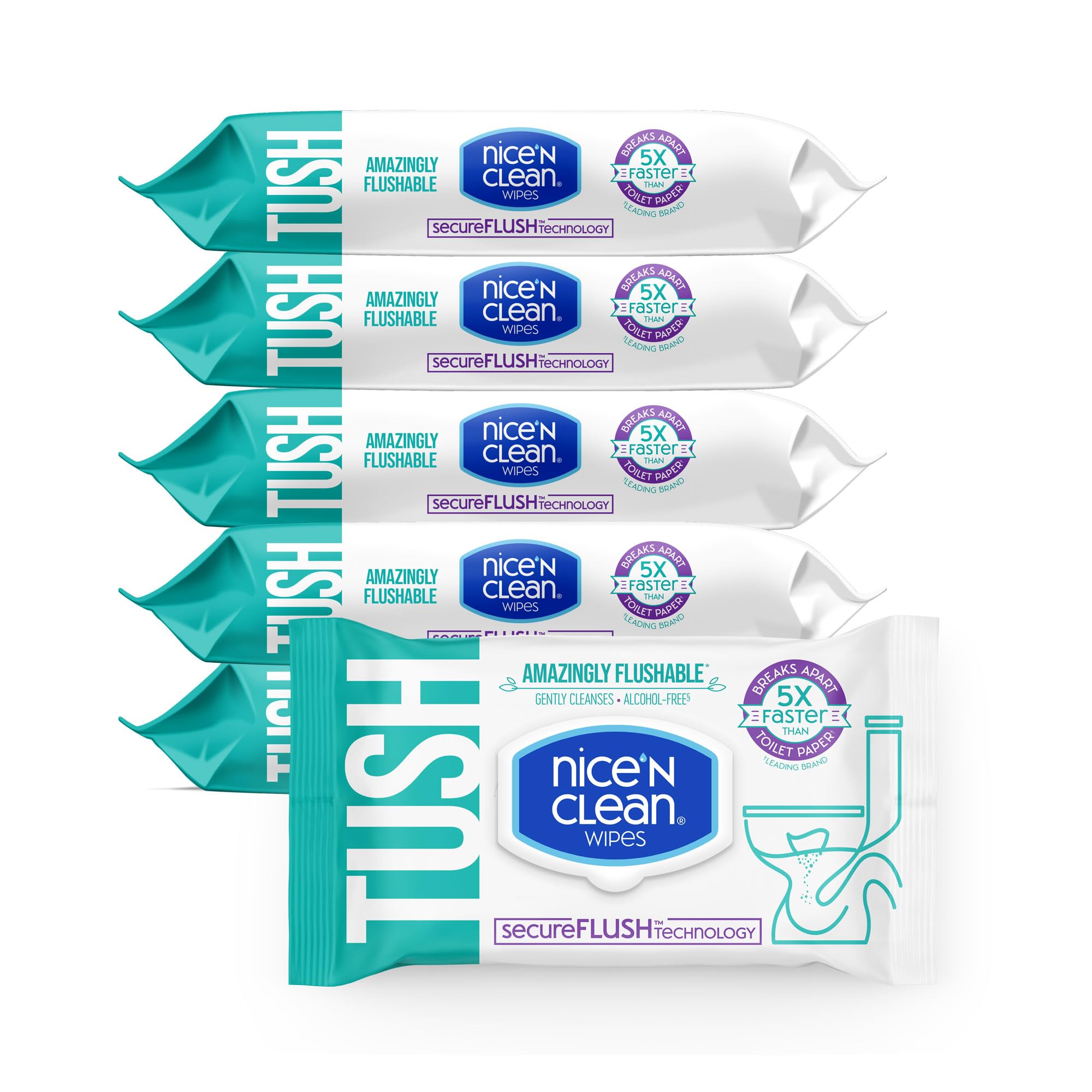 Nice 'N Clean SecureFLUSH Flushable Wet Wipes (42 Count - 6 Packs) | Moist Toilet Tissue with Moisturizing Aloe & Vitamin E | 0% Alcohol Formula for Sensitive Skin | Butt Wipes for Adults