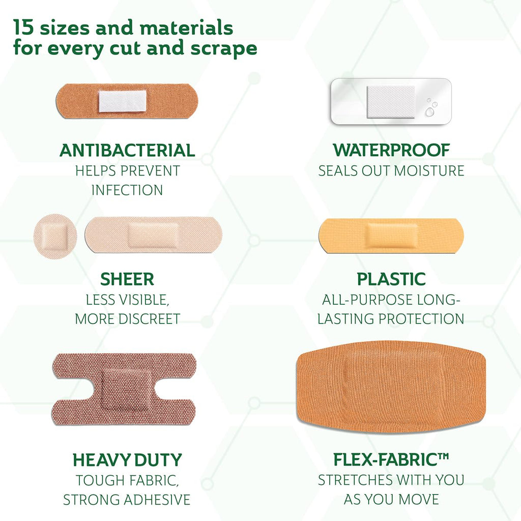 CURAD Assorted Bandages Variety Pack, 300 Count, 6 Styles Including Antibacterial Waterproof, Sheer, Plastic, Heavy Duty & Flex-Fabric, Protects Scrapes, Cuts & Burns, Latex-Free