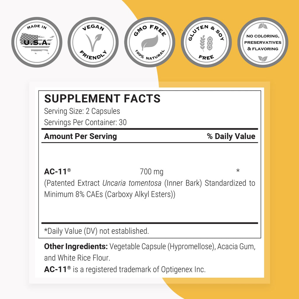 Supersmart AC-11 Supplement 700mg per Day (Cat's Claw Extract) - Uncaria Tomentosa Bark | Non-GMO & Gluten Free - 60 Vegetarian Capsules