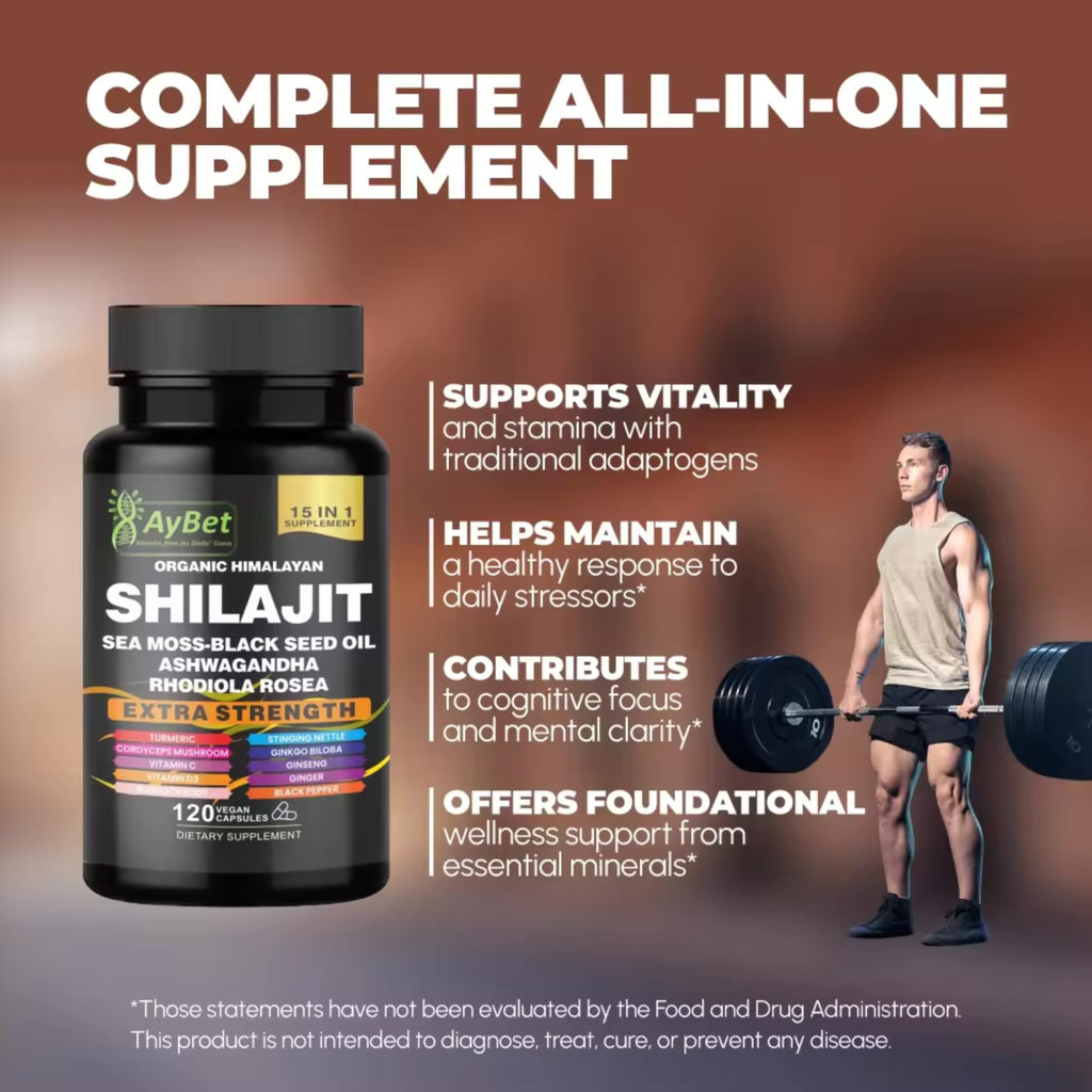 AyBet Shilajit for Men and Women-Organic Himalayan Shilajit Capsules with Sea Moss, Black Seed Oil, Ashwagandha, Rhodiola Rosea, Burdock, Cordyceps Mushroom, Ginseng, Turmeric, Ginger, 120 Capsules