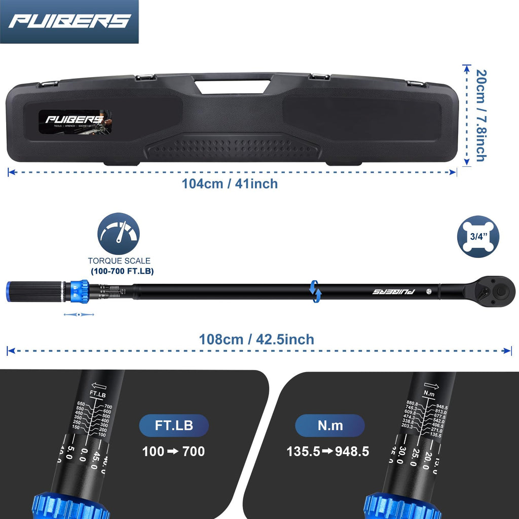 PUIBERS High Torque Wrench 3/4 Inch 100-700 ft, 3/4 Torque Wrench for Car, Truck, Tractor, Accuracy ± 3% Two Directions Adjustable 48 Teeth Precision Instruments Wrenches